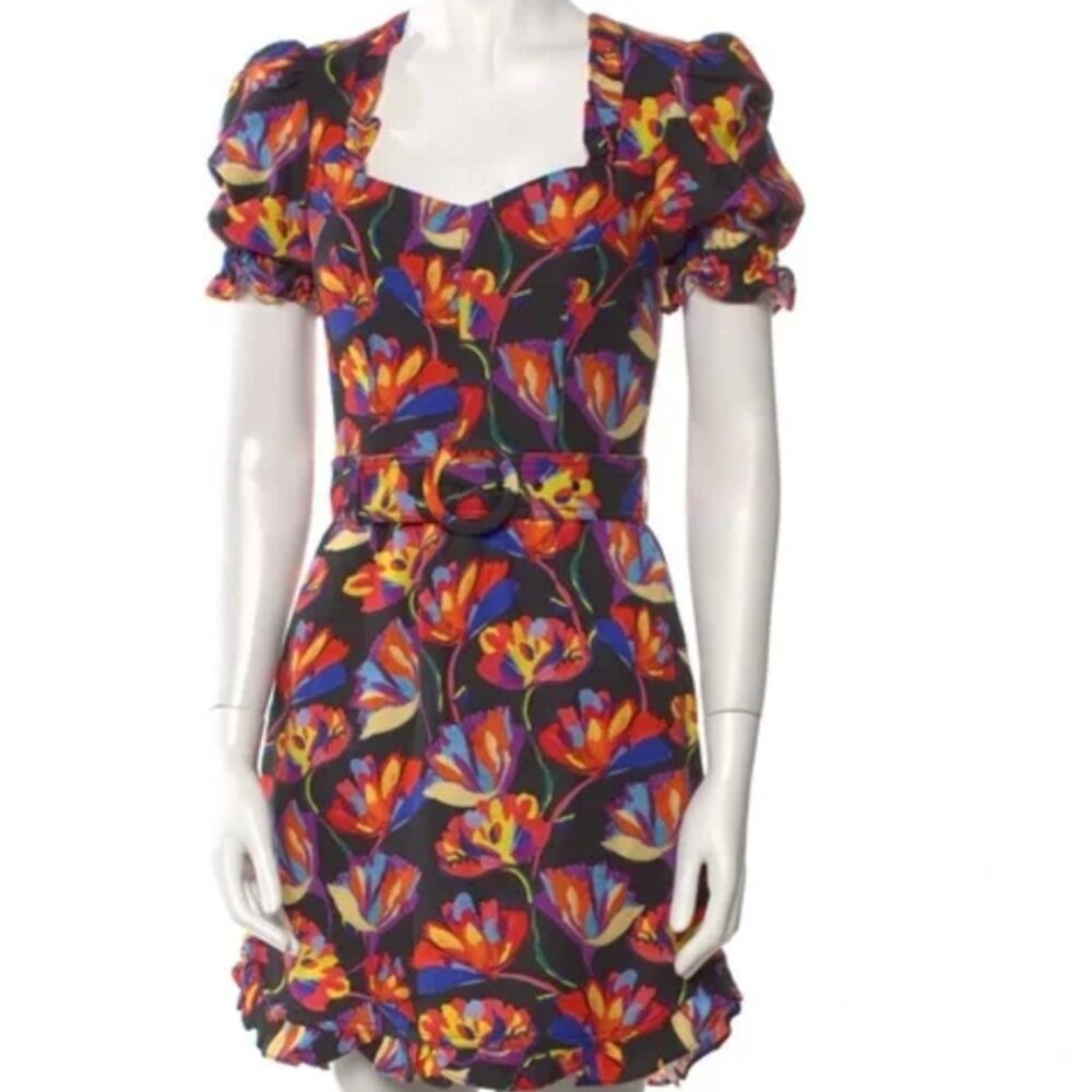 Rebecca Vallance Black Floral Puff Sleeve Mini Dress  - AU 6 / US 0
